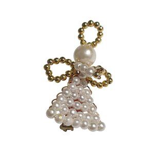 Angel Shape Bead Brooch Faux Pearl Gold Tone Pin Holiday Christmas Gift Vintage
